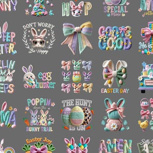 以下が含まれることがあります： ウサギ、卵、リボン、テキストを特徴とするイースターをテーマにしたデザインのコレクションです。「ハッピーイースター」、「Eggstra Special Mini」、「イースターデー」などのフレーズが含まれています。カラーパレットはパステルカラーで、ピンク、ブルー、グリーンが中心です。
