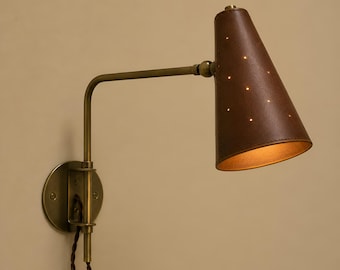 Handmade Adjustable Swing Arm Wall Sconce, Vintage Brass Reading Lamp, Leather Shade Wall Light, Industrial Bedside Lamp.