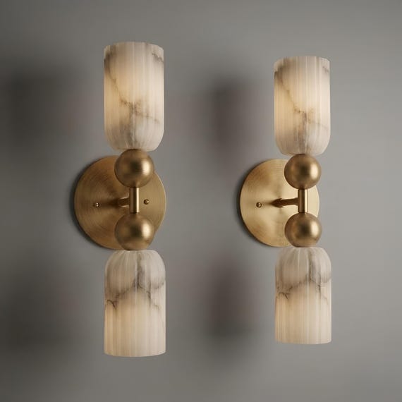 Mid Century Modern Handmade Alabaster Brass Wall Sconce Marble Wall Light Double Fixture Scandinavian Lighting Fixture Art Decor Lamp.