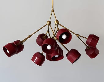 Italian Sputnik Chandelier | Mid-Century Contemporary Brass Light with Burgundy Shades | Statement Ceiling Fixture