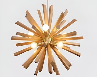 Italienischer Mid Century Sputnik Kronleuchter - Moderne Holz Deckenleuchte aus Messing für Esszimmer, Wohnzimmer, Küche Dekoration.