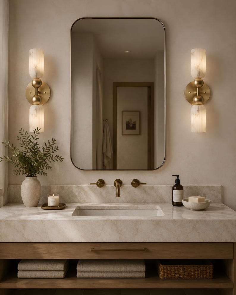 May include: A bathroom vanity featuring a rectangular mirror with rounded corners, two wall-mounted brass sconces with cylindrical white marble shades, a marble countertop, a brass faucet, a ceramic vase, a candle, and a soap dispenser.