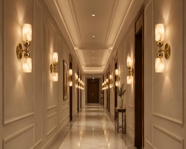 May include: A series of wall-mounted light fixtures featuring two cylindrical, marbled white glass shades separated by a central brass sphere. The fixtures are mounted on circular brass bases and emit a warm, soft glow along a long hallway.