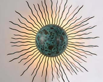 Lámpara de techo vintage de latón de mediados de siglo con diseño de rayos de sol, luminaria escultural de montaje empotrado, lámpara colgante moderna de 3 luces con pátina antigua, lámpara de techo Sputnik