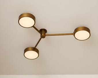 Industrial 3-Light Semi-Flush Mount Ceiling Fixture- Modern Brass Chandelier - Sputnik Light - Italian Brass Chandelier.