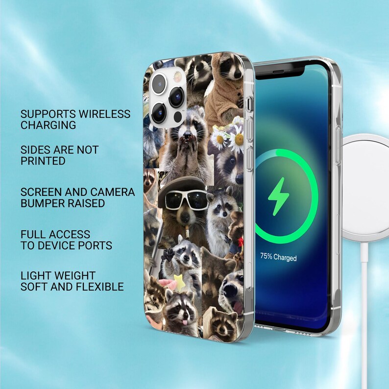 Op de afbeelding: Een doorzichtig telefoonhoesje met een collage van wasberen, waaronder een met een zonnebril en een met een bloemenkrans. De tekst links vermeldt: SUPPORTS WIRELESS CHARGING, SIDES ARE NOT PRINTED, SCREEN AND CAMERA BUMPER RAISED, FULL ACCESS TO DEVICE PORTS, LIGHT WEIGHT SOFT AND FLEXIBLE.