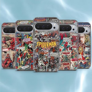 Puede incluir: Un conjunto de fundas para teléfonos con ilustraciones de cómics de Spider-Man. Las fundas muestran un collage de paneles y portadas de cómics, con colores vibrantes y el logotipo de Spider-Man. Diseñadas para un modelo de teléfono específico.