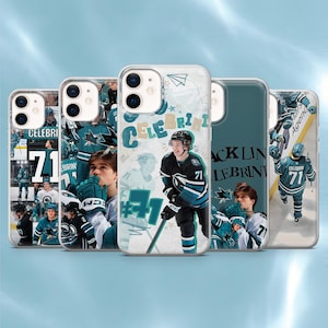 Könnte beinhalten: Fünf Handyhüllen mit einem Eishockeyspieler in einem schwarz-türkisfarbenen Trikot. Die Hüllen zeigen das Bild des Spielers, die Nummer 71 und den Namen "LEBRINI". Die Designs beinhalten Hockey-Grafiken.