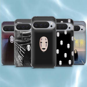May include: Five clear smartphone cases featuring various artistic designs of the character No-Face. The designs include a single mask, a repeating pattern of masks, and scenes depicting the character in different settings with black and white or color graphics.