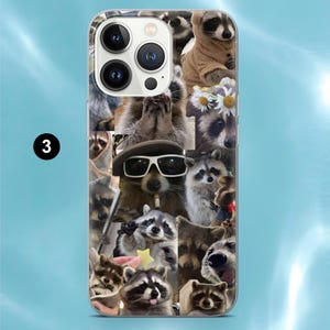 Op de afbeelding: Een doorzichtig smartphonehoesje met een collage van diverse wasbeer-afbeeldingen, waaronder een wasbeer met een zonnebril, een wasbeer met een madeliefjeskrans en een wasbeer in een bruine outfit met capuchon, met een zwarte cirkel met het cijfer 3.
