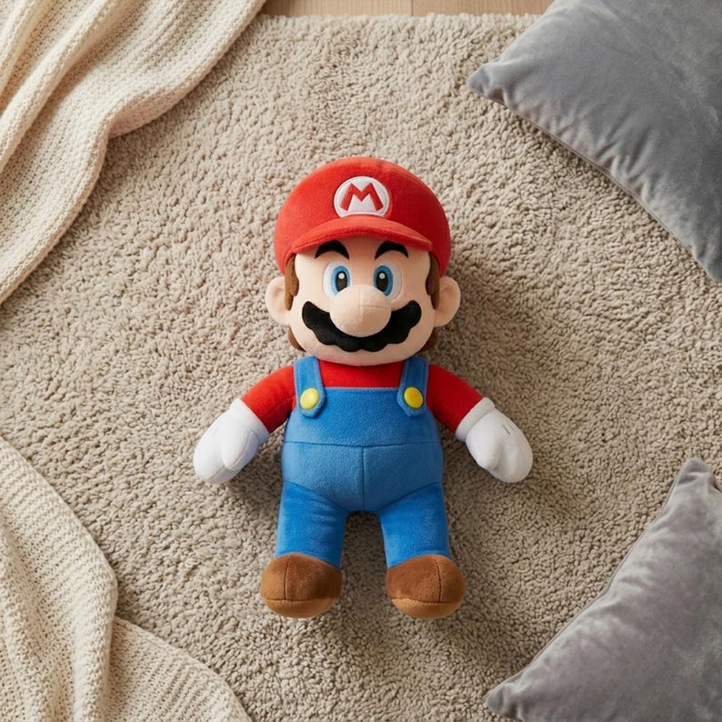 Puede incluir: Un peluche del personaje de videojuego Mario. El mu&ntilde;eco lleva un gorro rojo con una "M" blanca, una camisa roja, un peto azul y zapatos marrones. El juguete est&aacute; sobre una alfombra beige.