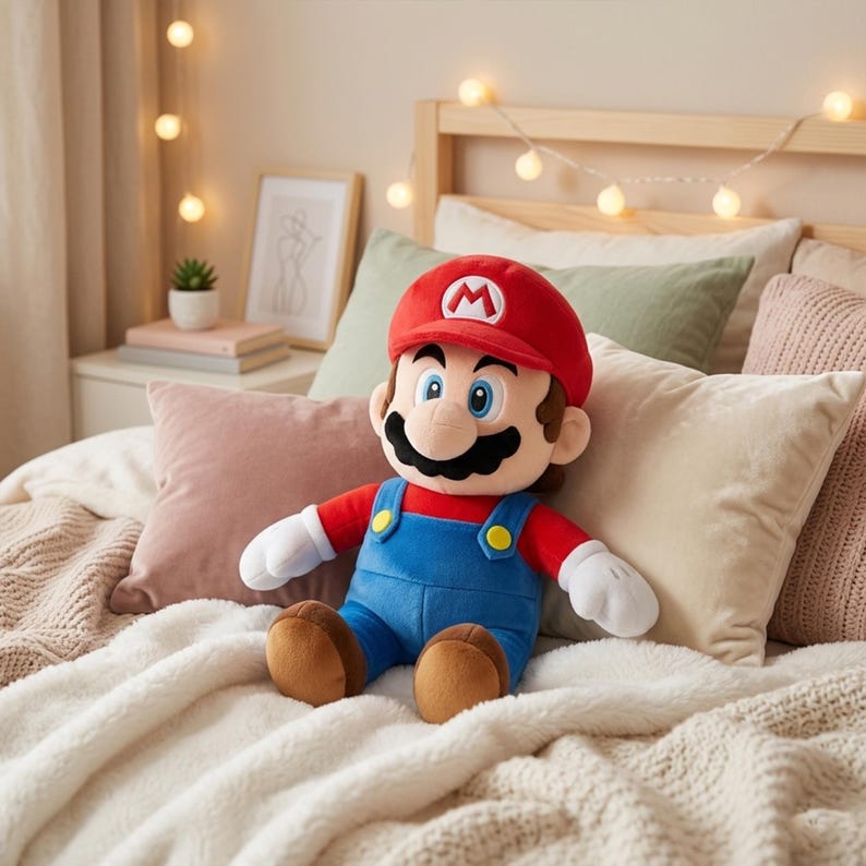 Puede incluir: Un mu&ntilde;eco de peluche de Mario, con una gorra roja con una "M" blanca, un peto azul y una camisa roja. El mu&ntilde;eco tiene pelo casta&ntilde;o, bigote negro y guantes blancos. Est&aacute; sentado en una cama con almohadas y una manta.