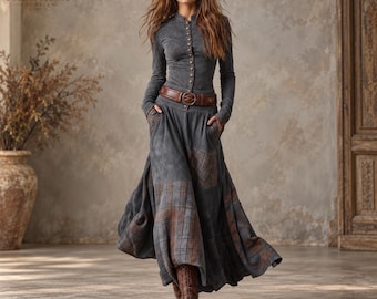Abito da donna a quadri patchwork, maxi abito casual a maniche lunghe con bottoni, stile boho vintage cottagecore