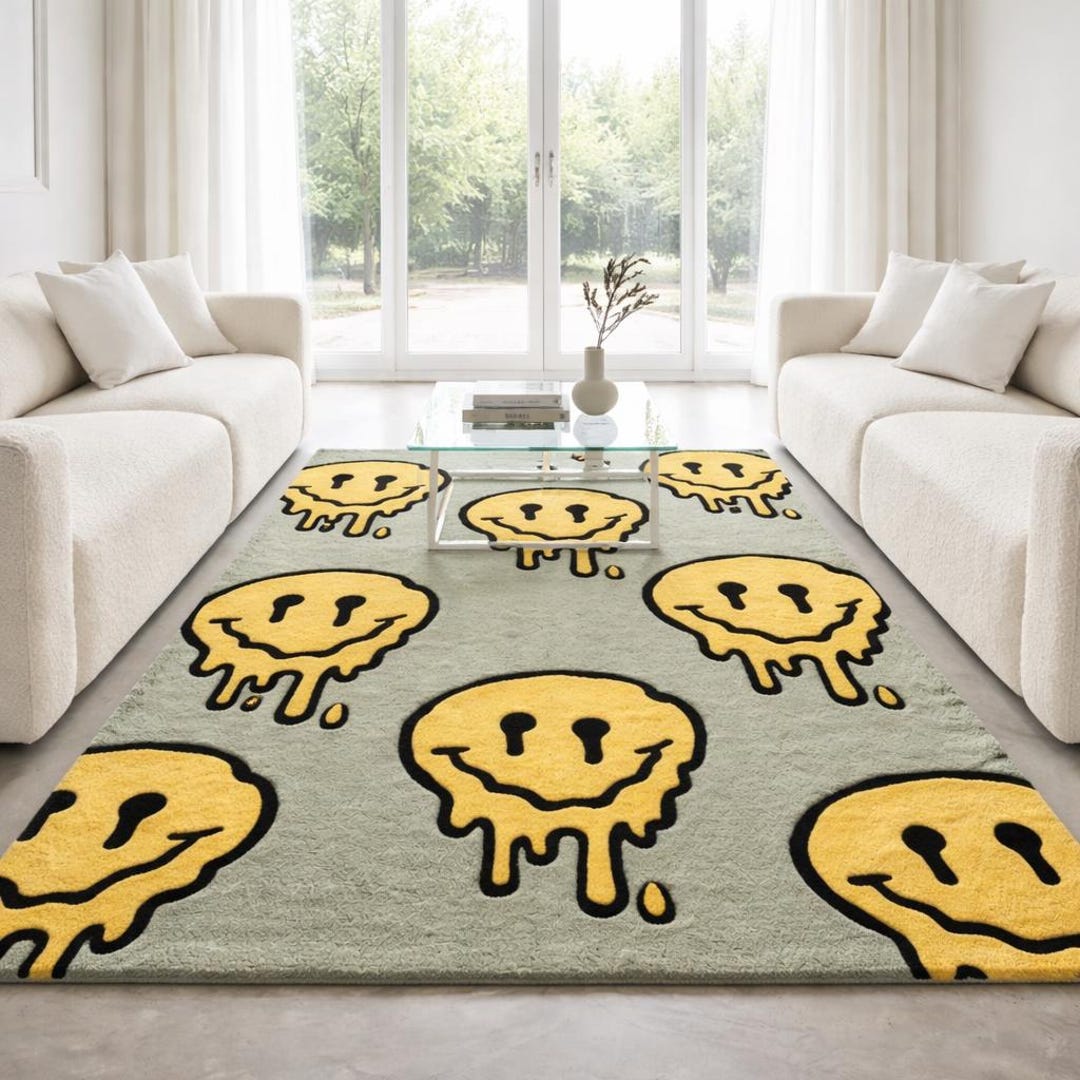 Simplistic Face Rug Hand Tufted Wool Smiley Face Rug, Modern Drip Smiley Area, - Etsy