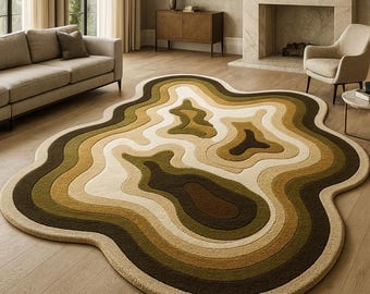 Handmade Abstract Tufted Rug – Earth Tone Wavy Floor Art, 6x9 Ft.