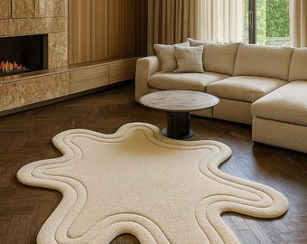 Hand Tufted Wool Rug, Irregular Shape Rug, Modern Cream Area,