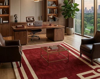 Hand Tufted Wool Area Rug, Burgundy Greek Key Rug, Modern Luxury Living Room Carpet,