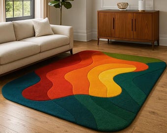 Hand Tufted Wool Rug, Colorful Abstract Area Rug, Modern Rainbow Shape Carpet,