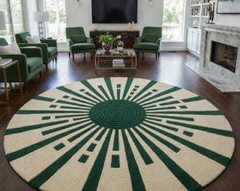 Hand Tufted Round Wool Rug – Green Sunburst Design, Luxury Décor
