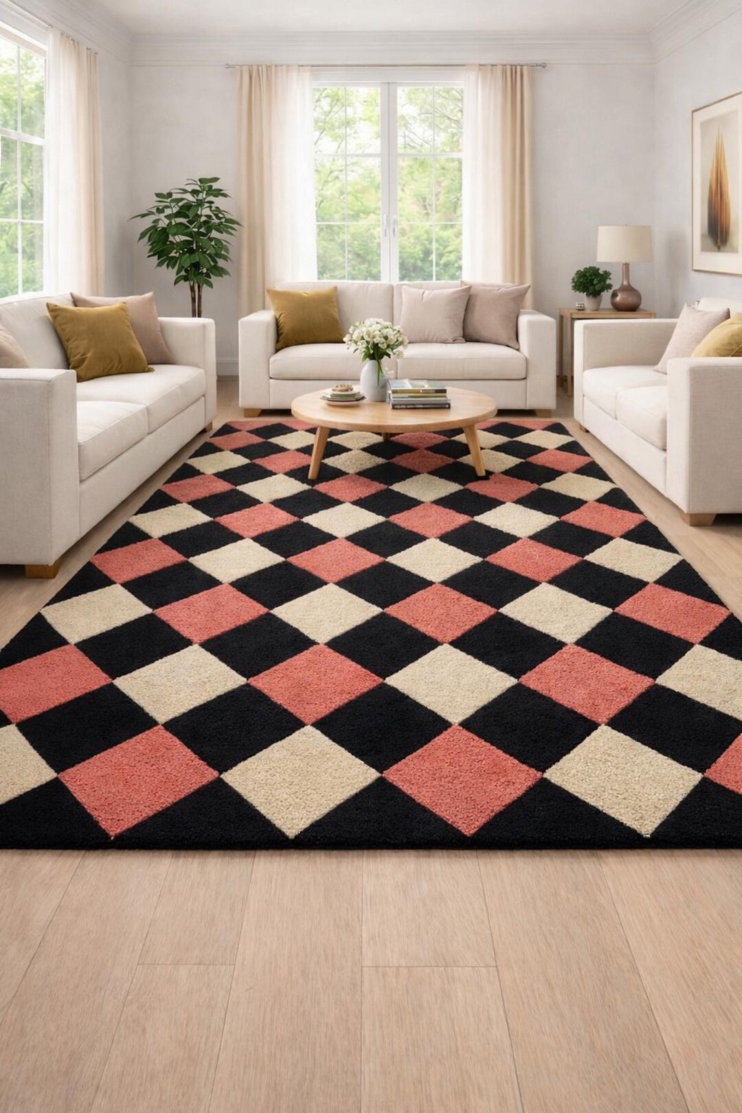 Rubber Rug Diamond Pattern Checkered Hand Tufted Wool Rug, Diamond Pattern Area Rug, Black Pink ...