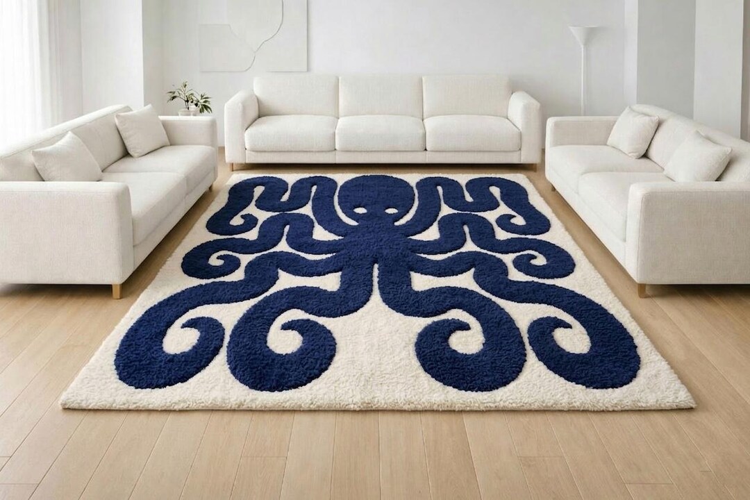 Octopus Channel Rug Hand Tufted Octopus Wool Rug, Nautical Ocean Area Rug, Marine Animal ...