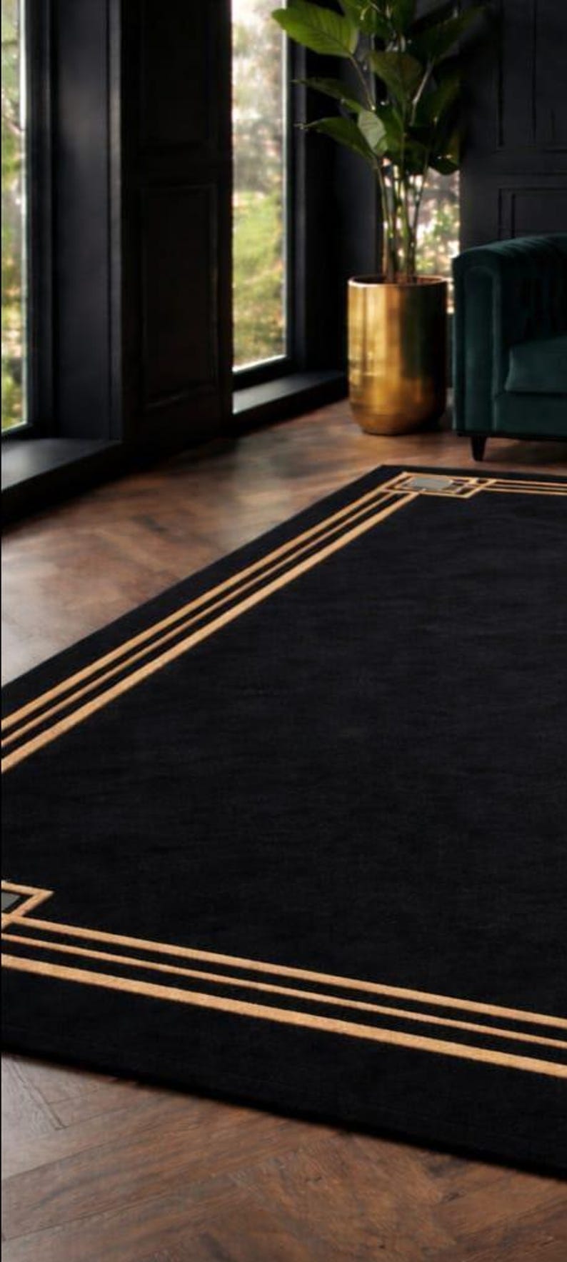Deco Border Rug Hand Tufted Black Art Deco Rug, Geometric Border Carpet, Modern Luxury ...