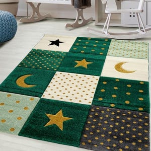 Hand Tufted Green Patchwork Rug, Star Moon Nursery Rug, Kids Room Area Carpet, Modern Soft Wool Floor Mat, Custom Size Decor