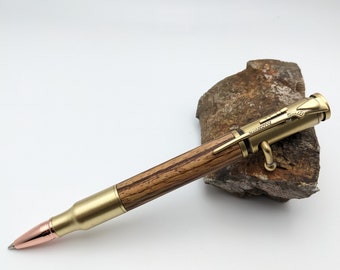 Bolt Action Bullet Pen - 30 Caliber Antique Brass and Zebrawood