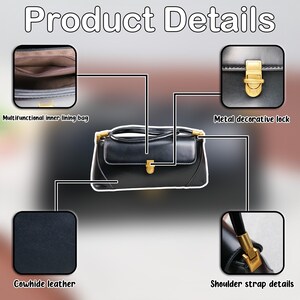 May include: Black leather handbag with gold-coloured hardware. The image highlights the bag's features: a metal decorative lock, shoulder strap details, and a multifunctional inner lining bag. The text at the top reads "Product Details".