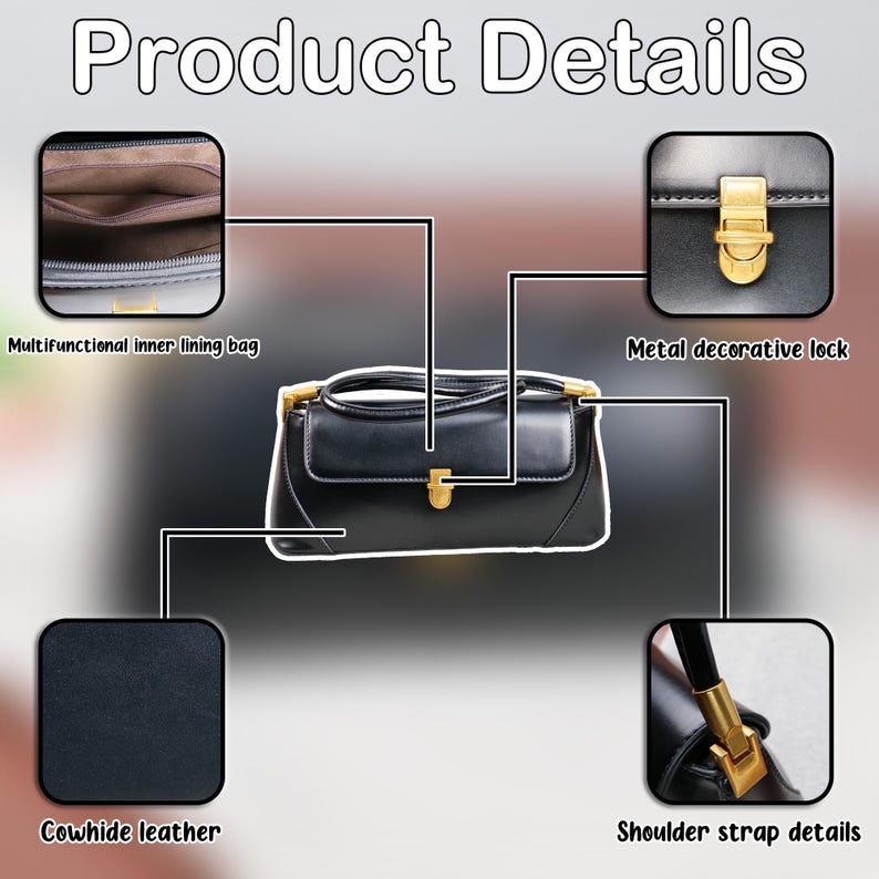 May include: Black leather handbag with gold-coloured hardware. The image highlights the bag's features: a metal decorative lock, shoulder strap details, and a multifunctional inner lining bag. The text at the top reads "Product Details".