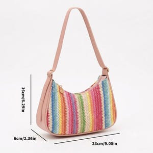 Straw Shoulder Bag with Rainbow Stripes, Woven Crescent Baguette Purse, Summer Clutch, Boho Beach Vacation Hobo Gift for Her image 5