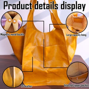K&ouml;nnte beinhalten: Senfgelbe PU-Ledertasche mit gro&szlig;em Fassungsverm&ouml;gen und einer Innentasche mit Rei&szlig;verschluss. Merkmale sind ein magnetischer Metallverschluss. Der Bildtext lautet "Product details display."