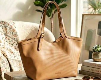 Personalized Cowhide Leather Tote Bag for Women,Minimalist Larger Capacity Handbag,Gift for Her