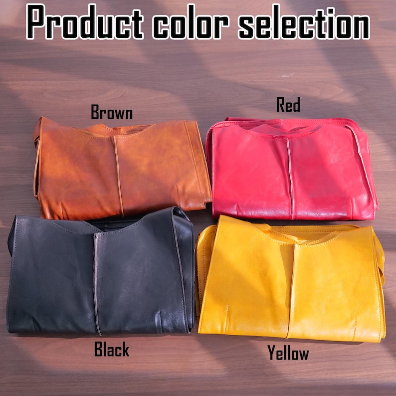 K&ouml;nnte beinhalten: Bild zeigt eine Produktauswahl. Vier Lederbeutel in Braun, Rot, Schwarz und Gelb werden gezeigt. Die Beutel sind rechteckig mit einem Klappenverschluss. Der Text "Product color selection" steht oben.