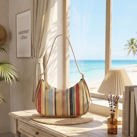 Straw Shoulder Bag with Rainbow Stripes, Woven Crescent Baguette Purse, Summer Clutch, Boho Beach Vacation Hobo Gift for Her