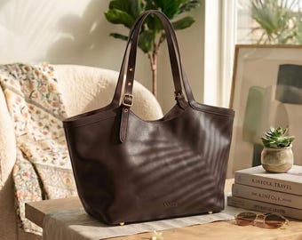Gepersonaliseerde rundleren draagtas voor dames, minimalistische handtas met grotere capaciteit, cadeau voor haar
