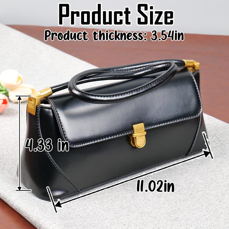 May include: Black handbag with a top handle and gold-coloured hardware. The bag is rectangular, with a flap closure and a handle. The product thickness is 9 cm, the height is 11 cm, and the length is 28 cm. The text "Product Size" is at the top.