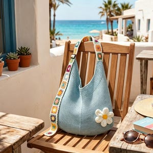 Crochet Hobo Bag , Slouchy Flower Knit Shoulder Purse, Light Blue Beige Daisy Tote, Cottagecore Summer Beach Bag Gift for Her