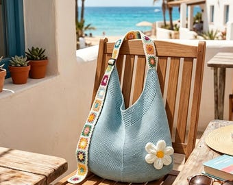 Crochet Hobo Bag , Slouchy Flower Knit Shoulder Purse, Light Blue Beige Daisy Tote, Cottagecore Summer Beach Bag Gift for Her
