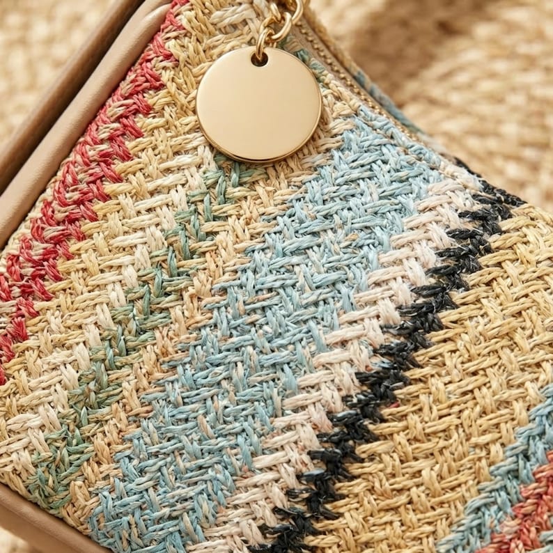 May include: A woven straw pouch featuring a diagonal striped pattern in shades of tan, red, green, light blue, and black. The pouch includes a smooth, round gold-toned metal zipper pull attached to a small chain link on the top edge.
