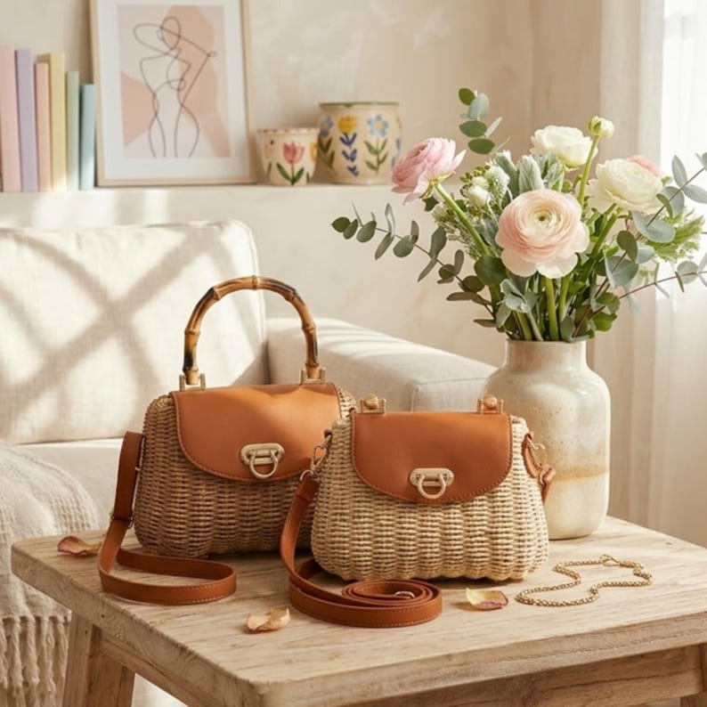 Stroschoudertas met bamboe handvat, geweven kunstleren zadeltasje, kaki gebroken witte crossbody, Frans cottagecore zomerstrandcadeau voor haar afbeelding 2