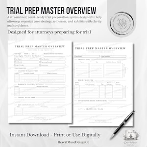 Może przedstawiać: Czarno-biały, drukowany przegląd Trial Prep Master, przeznaczony dla prawników. Dokument zawiera sekcje dotyczące szczegółów sprawy, list świadków, przeglądów wystaw i notatek. Tekst brzmi "Natychmiastowe pobieranie - Drukuj lub używaj cyfrowo."