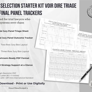 Puede incluir: Kit de inicio de selección del jurado con triage Voir Dire y rastreadores del panel final. Incluye la hoja de triage inicial del jurado, el rastreador de resultados del panel final y más. PDF de alta resolución, tamaño A4 (210 x 297 mm).