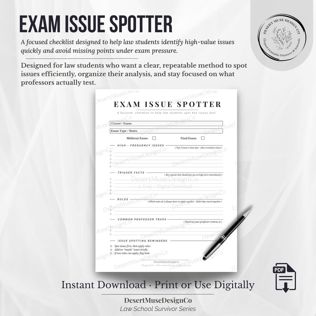 Law School Exam Issue Spotter Checklist (PDF) | Law Student Prep | 1L ...