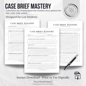 Peut inclure: Trois pages blanches avec le texte "CASE BRIEF MASTERY" sont présentées. Les pages sont conçues pour les étudiants en droit et comprennent des sections pour les notes de cas, l'analyse et les notes du professeur. Un stylo noir repose sur une page.
