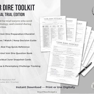 May include: A Voir Dire Toolkit Criminal Trial Edition document set featuring a pre-voir dire preparation checklist, strike, watch, and keep decision guide, bias red flag quick reference, criminal question bank, juror cards, and challenge tracking.