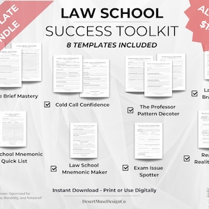 Könnte beinhalten: Ein digitales Law School Success Toolkit-Paket mit acht weißen Vorlagen und schwarzem Text. Das Set enthält Case Brief Mastery, Cold Call Confidence, The Professor Pattern Decoter, Law School Brain Dump, Law School Mnemonic Quick List, Law School Mnemonic Maker, Exam Issue Spotter und Reading Reality Check.
