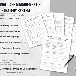 May include: A criminal case management and trial strategy system featuring multiple printed forms including a court hearing overview, plea and negotiation status, discovery tracking, witness interview log, and trial readiness snapshot in 8.5 x 11 inches.