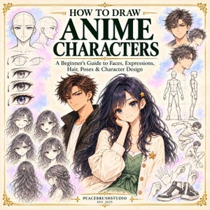 Op de afbeelding: Een gids getiteld HOW TO DRAW ANIME CHARACTERS met illustraties van gezichten, uitdrukkingen, haar en poses. De cover toont mannelijke en vrouwelijke personages, anatomische schetsen en handstudies, met de tekst PEACEBRUSHSTUDIO EST. 2025.