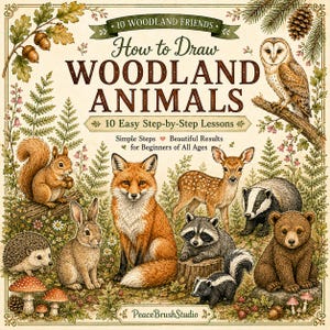 May include: A book cover titled How to Draw WOODLAND ANIMALS with the subtitle 10 Easy Step-by-Step Lessons. The cover features illustrations of a squirrel, fox, rabbit, deer, raccoon, badger, bear, skunk, hedgehog, and owl in a forest.